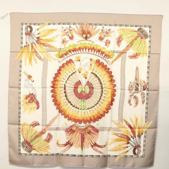 HERMES Carre 90 Scarf ""BRAZIL"" Silk Beige Auth am9005 - Picture 14 of 14